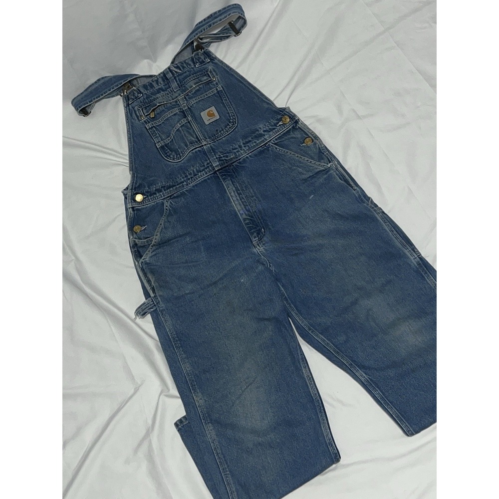 Carhartt Mens Denim Bib Overalls Blue 104672 DST Workwear 32x30 Read